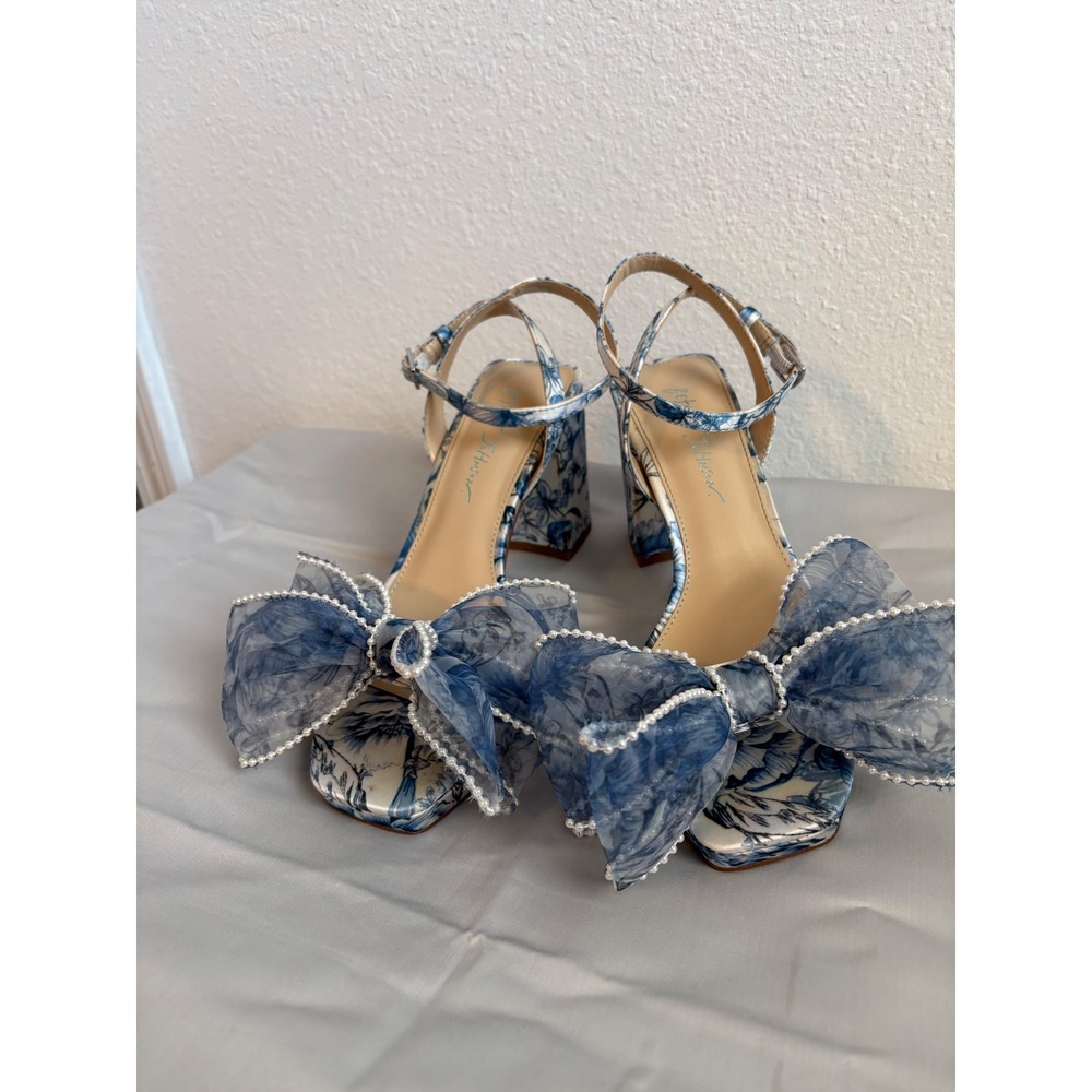 Betsey Johnson 7.5 SB-Duke platform block heels floral blue white open toe bow - Picture 12 of 12
